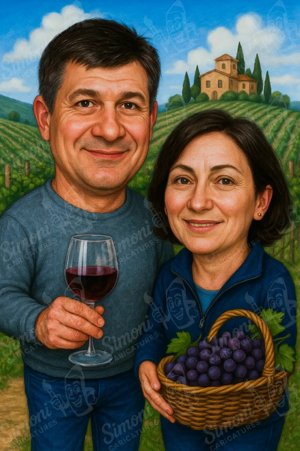 Карикатура на двойка с чаша вино и кошница с грозде в лозе, тематични портрети и персонализирани подаръци, Simoni Caricatures.